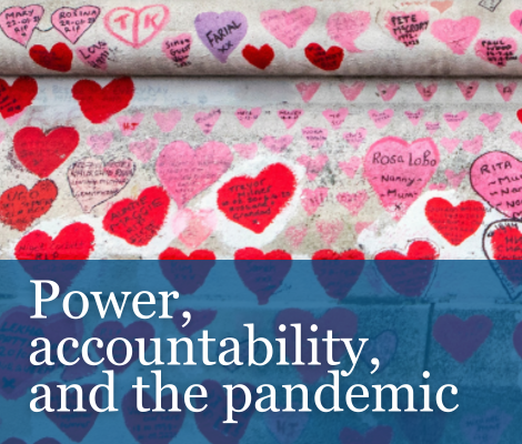 Image text reads Power, accountability, and the pandemic