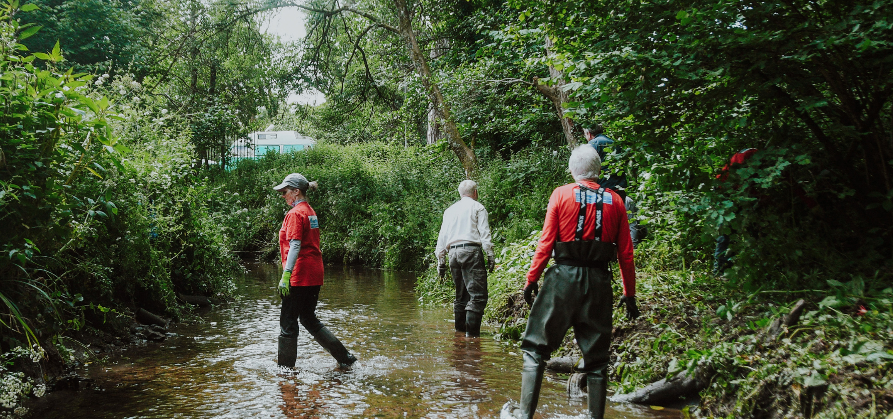 Three people dressed in waders, treading water surrounded by trees.